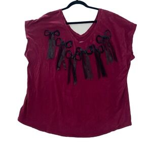 Lane Bryant 18 / 20 Maroon Cap Sleeve Bow‎ Top Maroon Black 18/20 Bows T Shirt